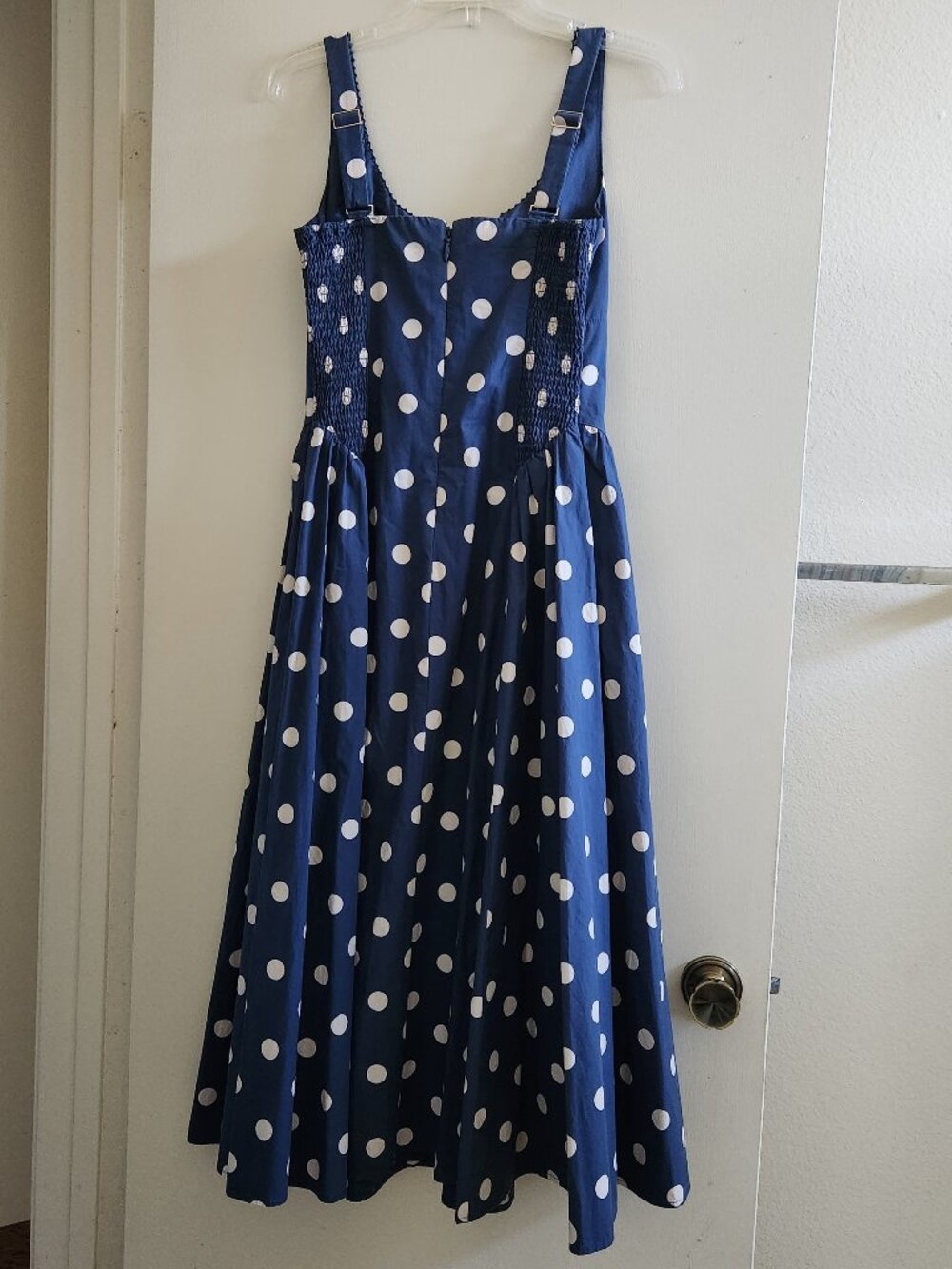 Abercrombie & Fitch Dylan Midi Dress Navy Blue Polka Dot Bra-Free 100% Cotton - Picture 3 of 5